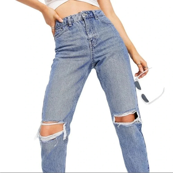 Topshop | Double Ripped Mom Jeans in Mid Medium Blue Wash | size 34 x 28‎ - Picture 5 of 11